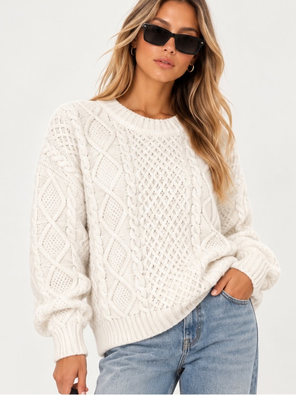 Aritzia Sunday Best White Cable Knit Oversized Sweater S Chunky Crewneck